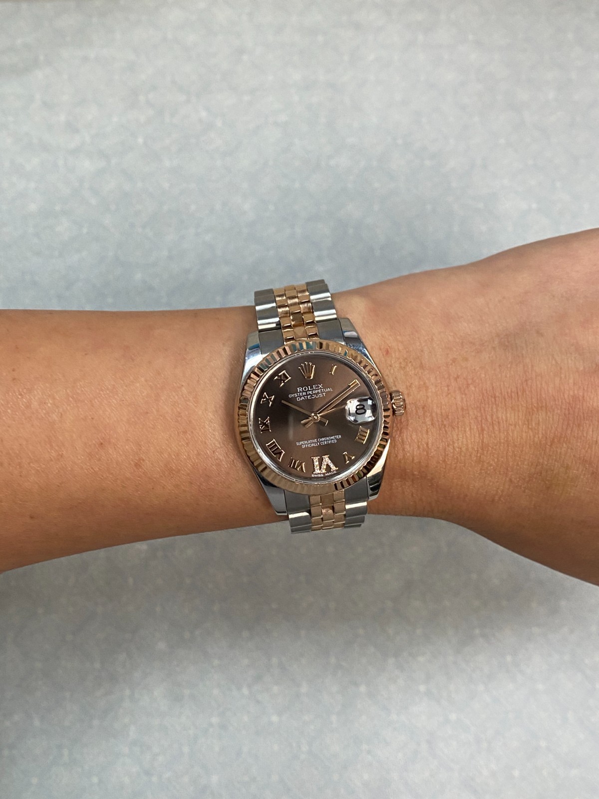 Rolex Datejust 18k Rose Gold/Steel Chocolate Diamond VI Ladies 31mm Watch 178271