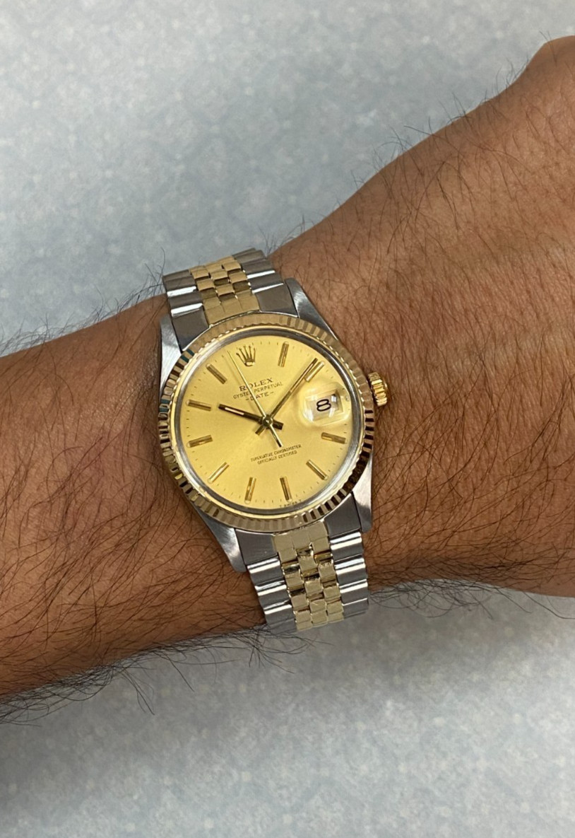 Rolex Date 14k Yellow Gold/Steel Champagne Dial Mens 34mm Watch 15003