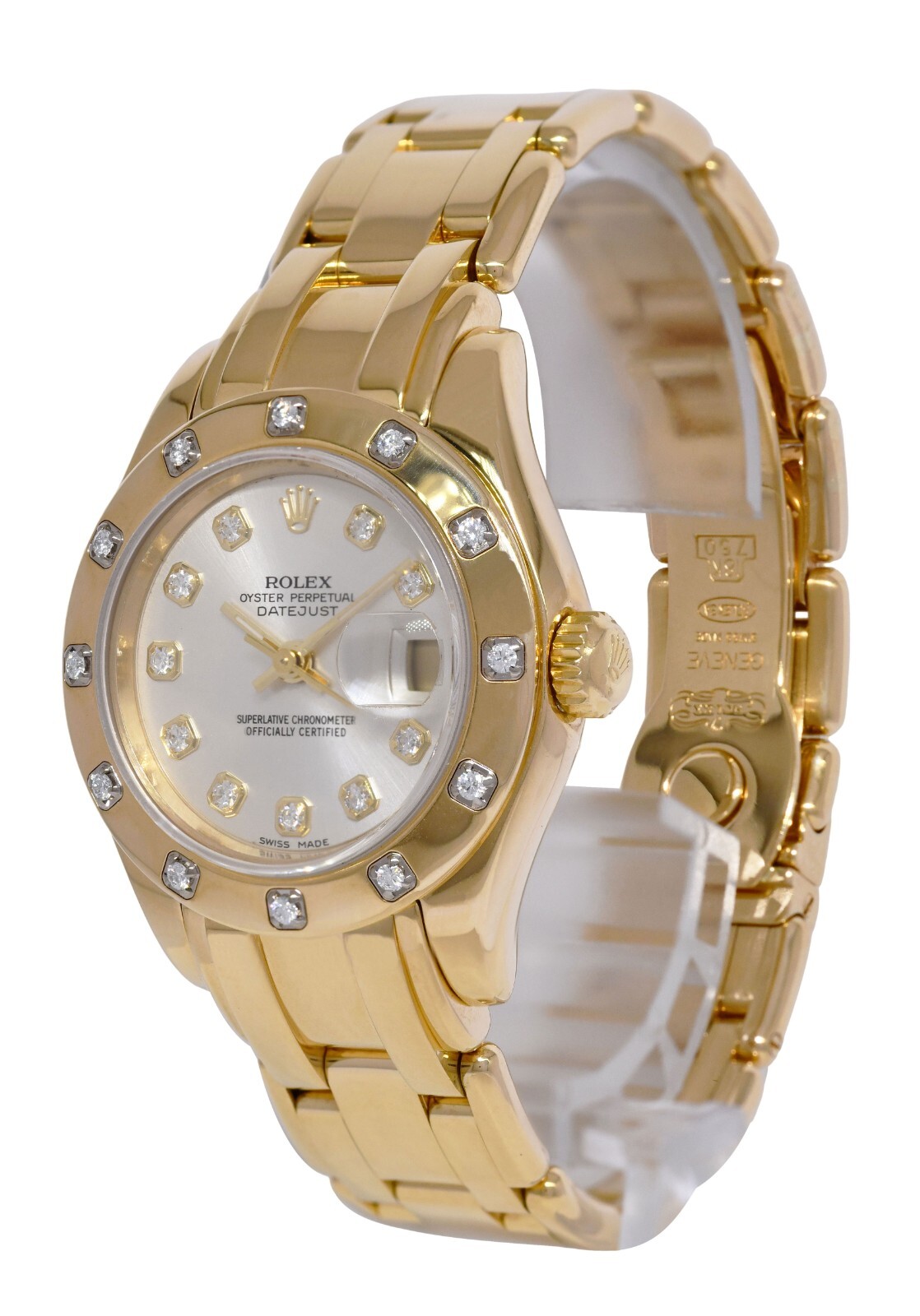 Rolex Datejust Pearlmaster 18k Yellow Gold Silver Diamond 29mm Watch K 80318