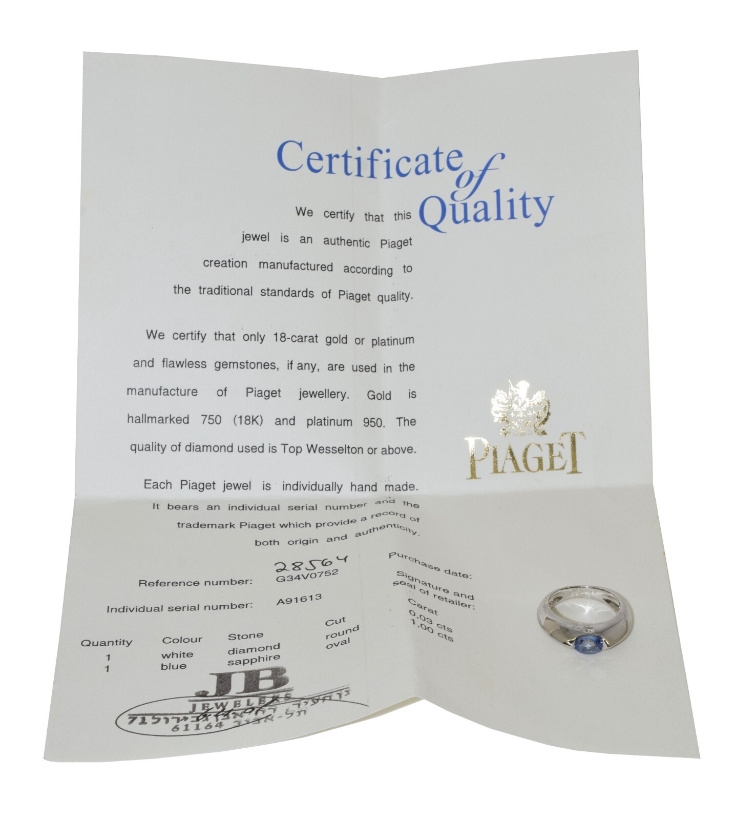 Piaget Blue Sapphire & Diamond 18k White Gold Ring Size 52