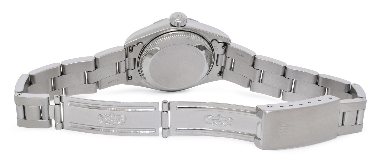 Rolex Date Steel White Roman Dial Engine Turned Bezel Ladies 26mm Watch U 69240