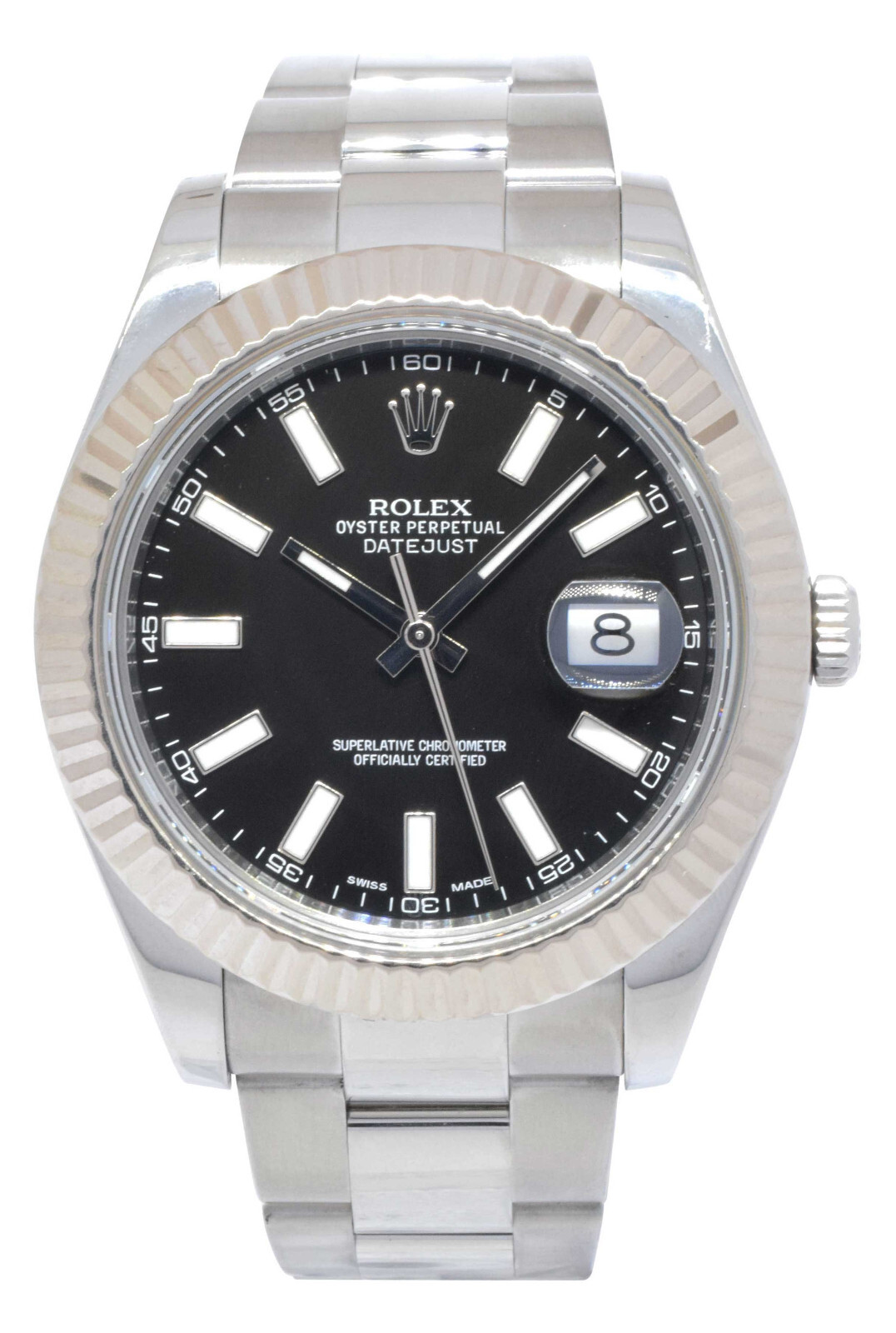 Rolex Datejust II Steel & 18k White Gold Bezel Black Dial Mens 41mm Watch 116334