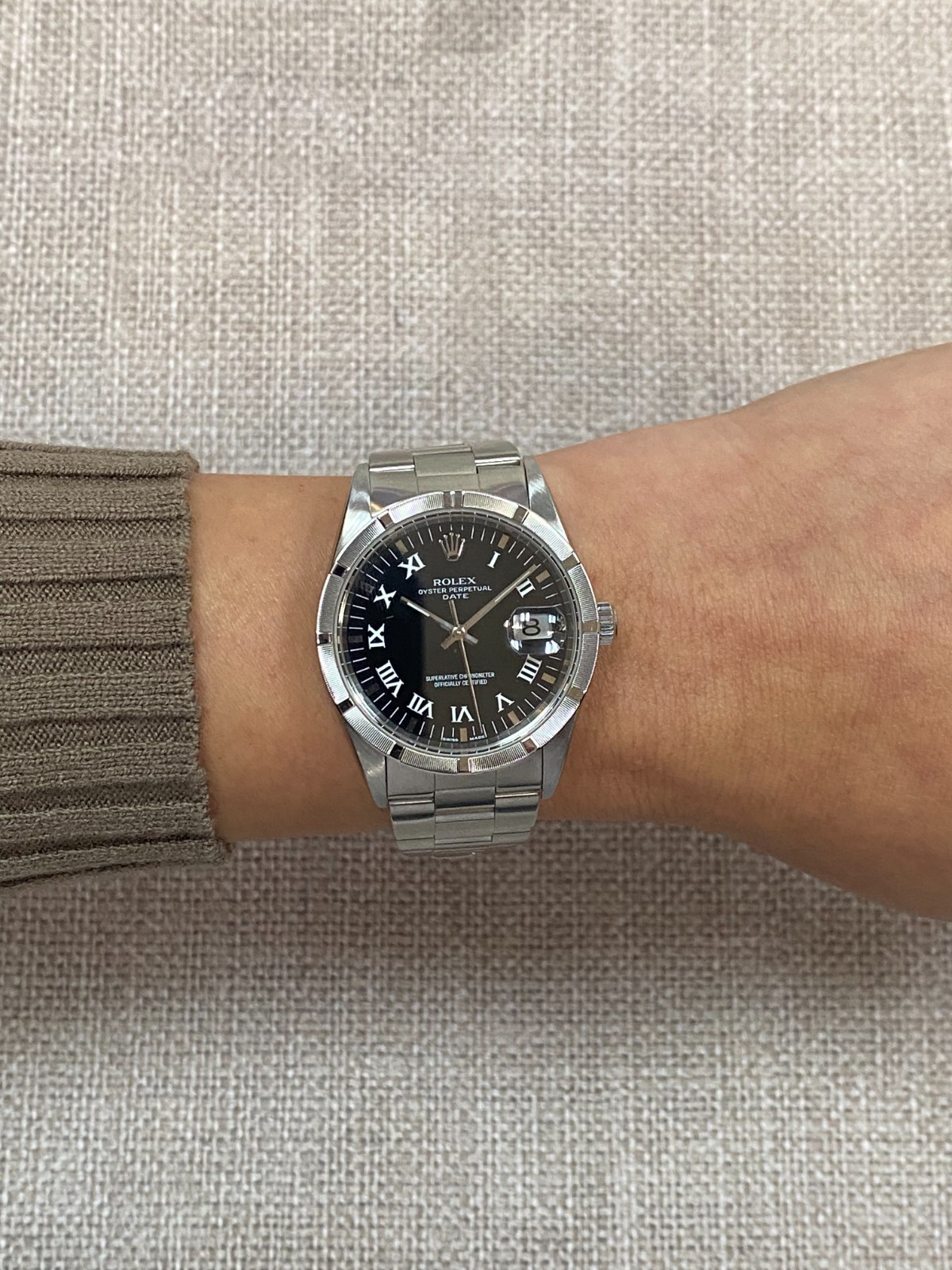 Rolex Date Steel Black Dial Engine Turned Bezel 34mm Watch A 15210