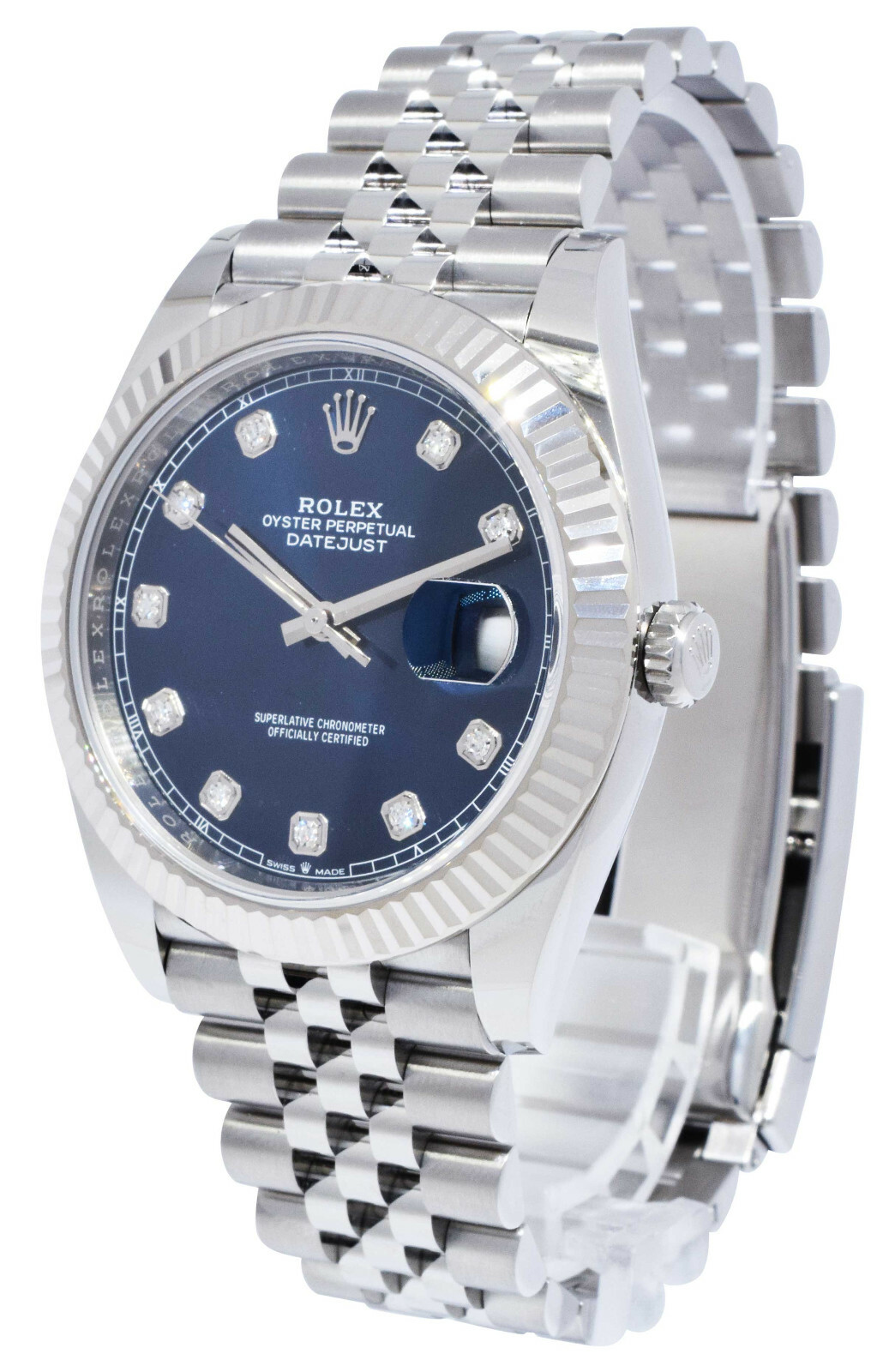 Rolex Datejust 41 Steel & White Gold Blue Diamond Dial Watch +Card '21 126334