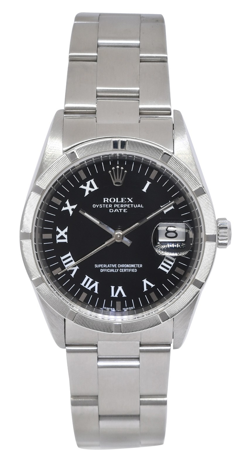 Rolex Date Steel Black Dial Engine Turned Bezel 34mm Watch A 15210