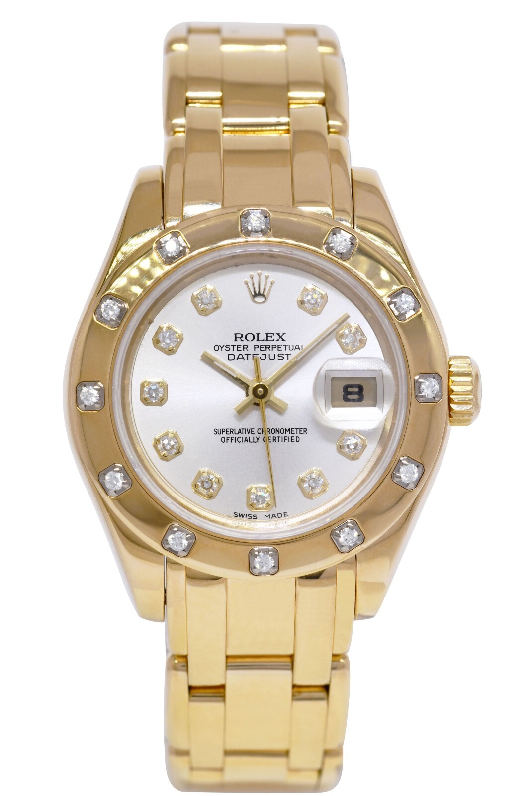 Rolex Datejust Pearlmaster 18k Yellow Gold Silver Diamond 29mm Watch K 80318