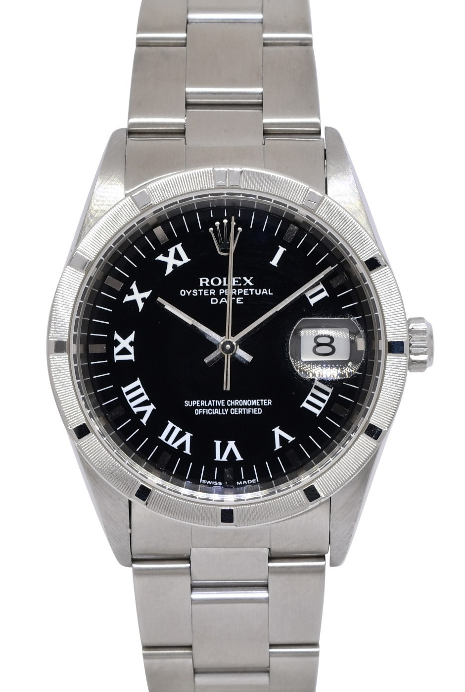 Rolex Date Steel Black Dial Engine Turned Bezel 34mm Watch A 15210