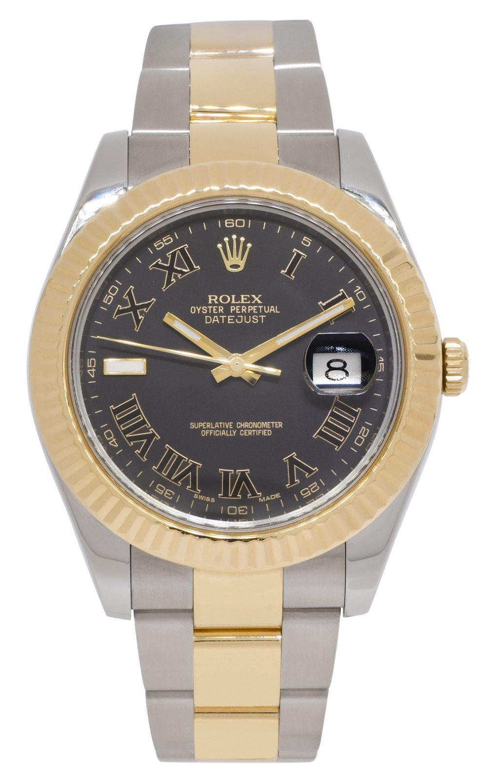 Rolex Datejust II 18k Yellow Gold/Steel Black Roman Dial Mens 41mm Watch 116333