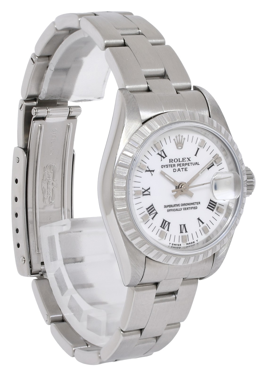 Rolex Date Steel White Roman Dial Engine Turned Bezel Ladies 26mm Watch U 69240