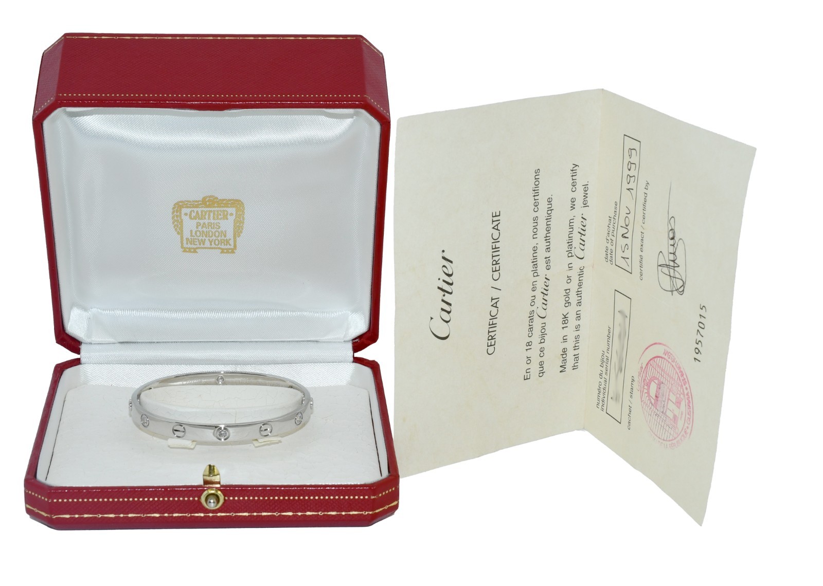 Cartier Vintage Love Bracelet 6 Diamond 18k White Gold Size 16 B/P 1999