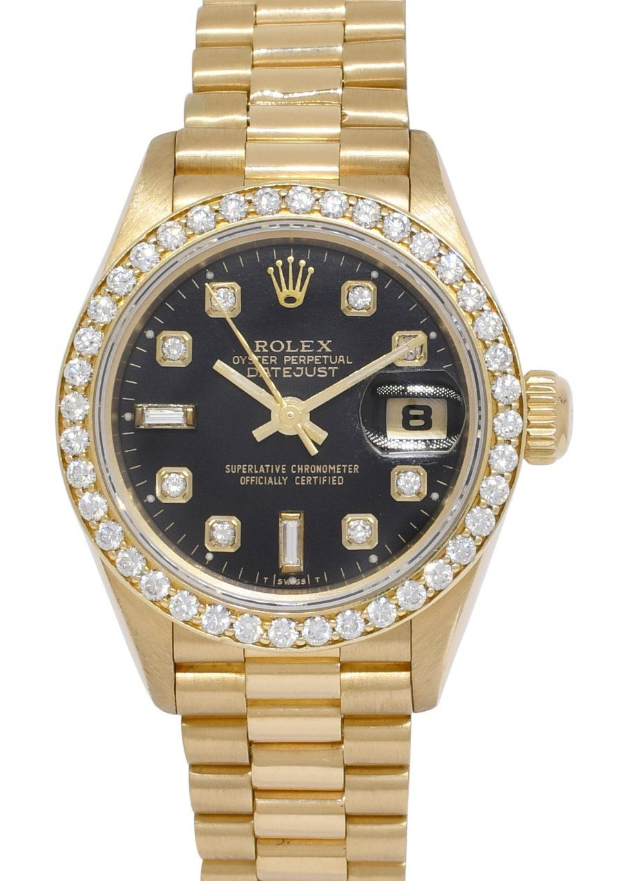 Rolex Datejust President 18k Yellow Gold Black Diamond 26mm Watch T 69178