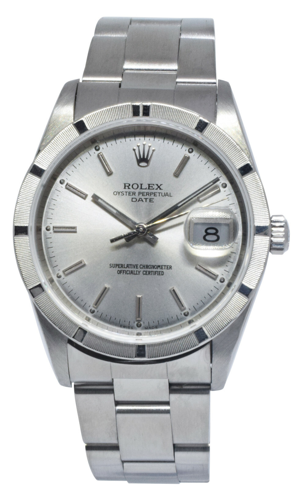 Rolex Date Steel Silver Dial Engine Turned Bezel 34mm Watch D 15210