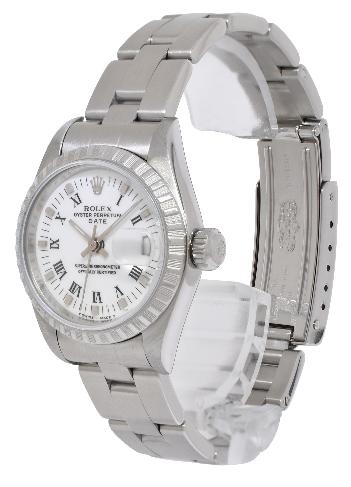 Rolex Date Steel White Roman Dial Engine Turned Bezel Ladies 26mm Watch U 69240