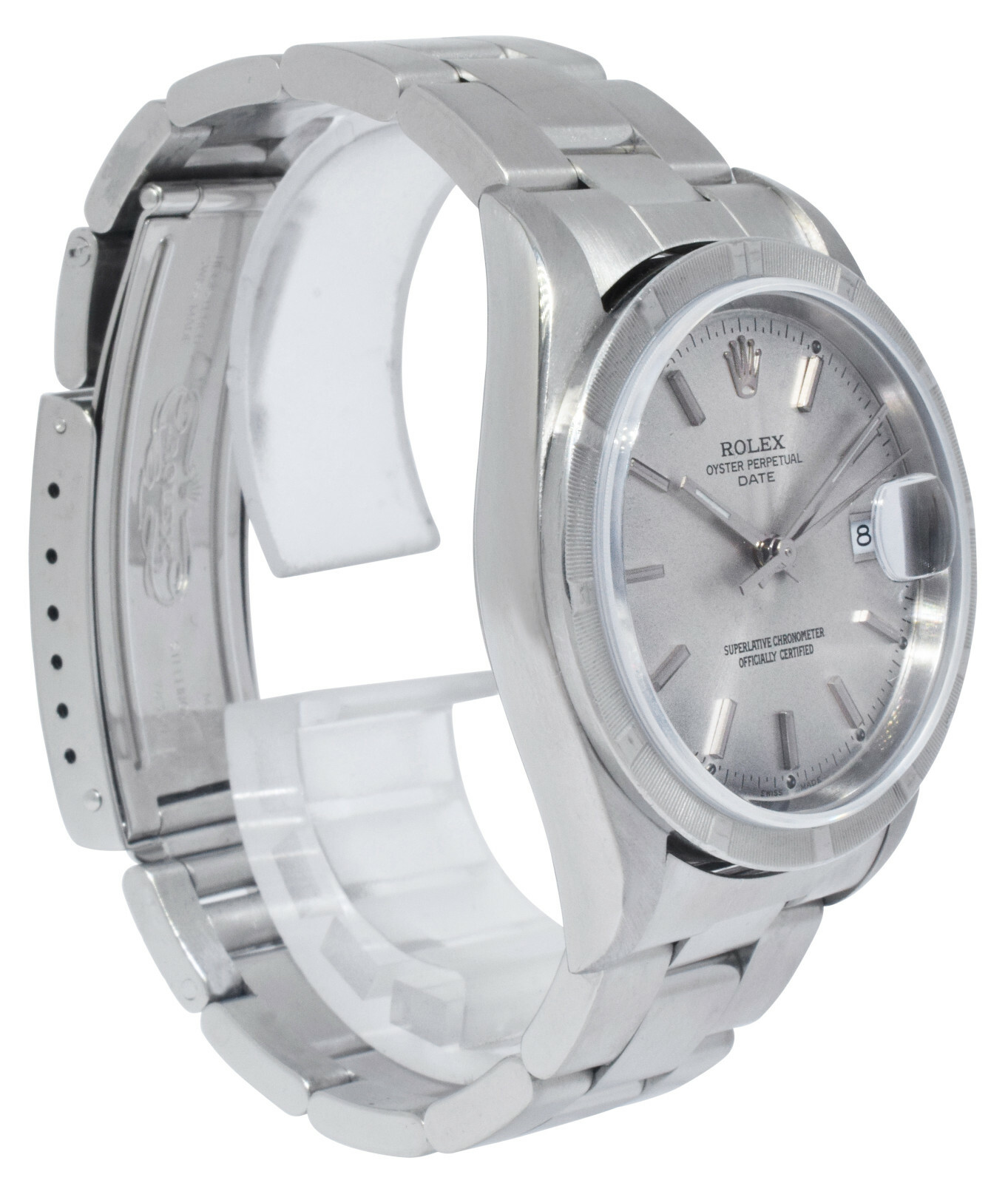 Rolex Date Steel Silver Dial Engine Turned Bezel 34mm Watch D 15210