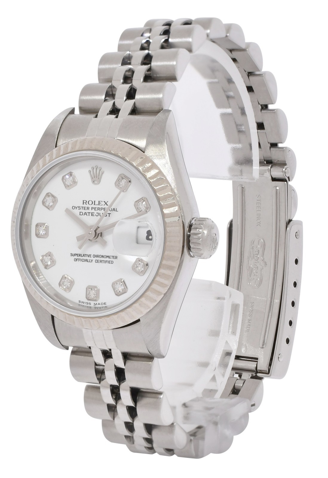 Rolex Datejust Steel & 18k Gold Bezel White Diamond Dial 26mm Watch F 79174