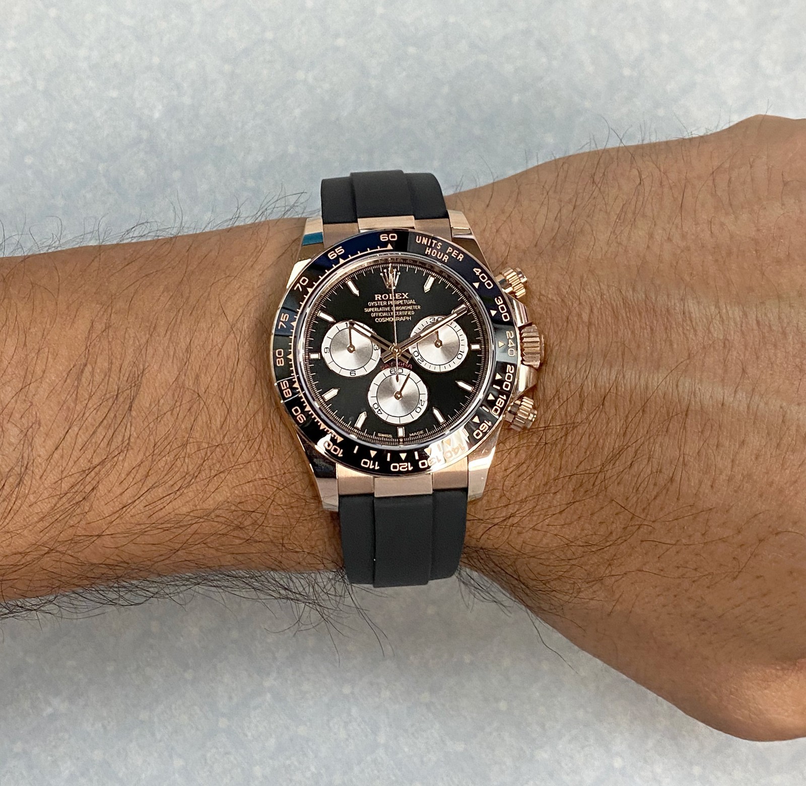 NOS Rolex Daytona Rose Gold/Ceramic Black/Sundust Oysterflex Watch BP '25 126515