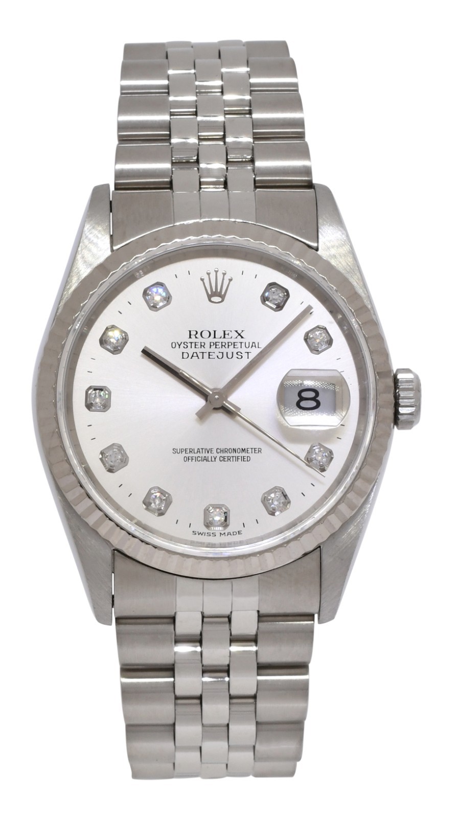 Rolex Datejust Steel & 18k Gold Bezel Silver Diamond Dial 36mm Watch W 16234