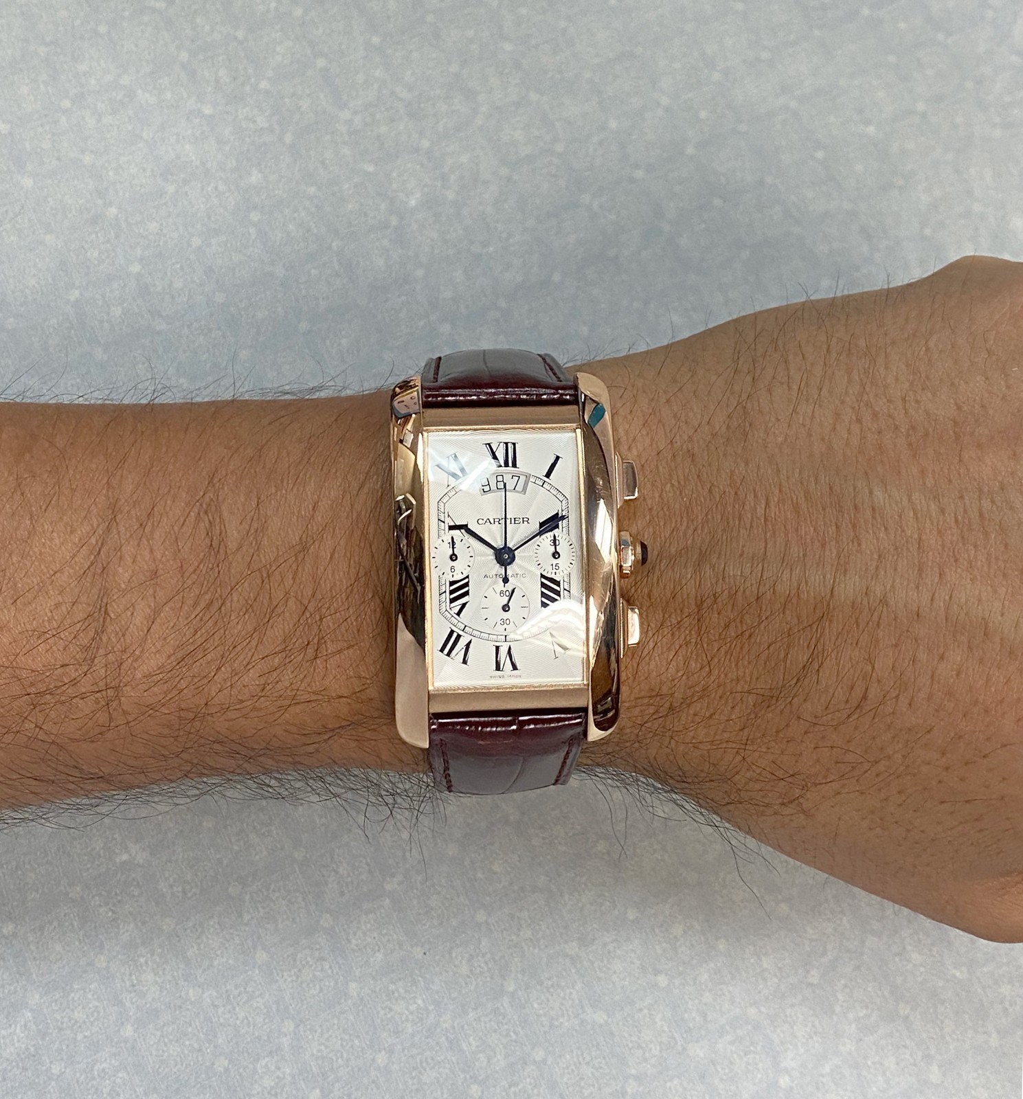 Cartier Tank Americaine Chronograph 18k Rose Gold Mens Automatic Watch 2893 Cartier Tank Americaine Chronograph 18k Rose Gold Mens Automatic Watch 2893
