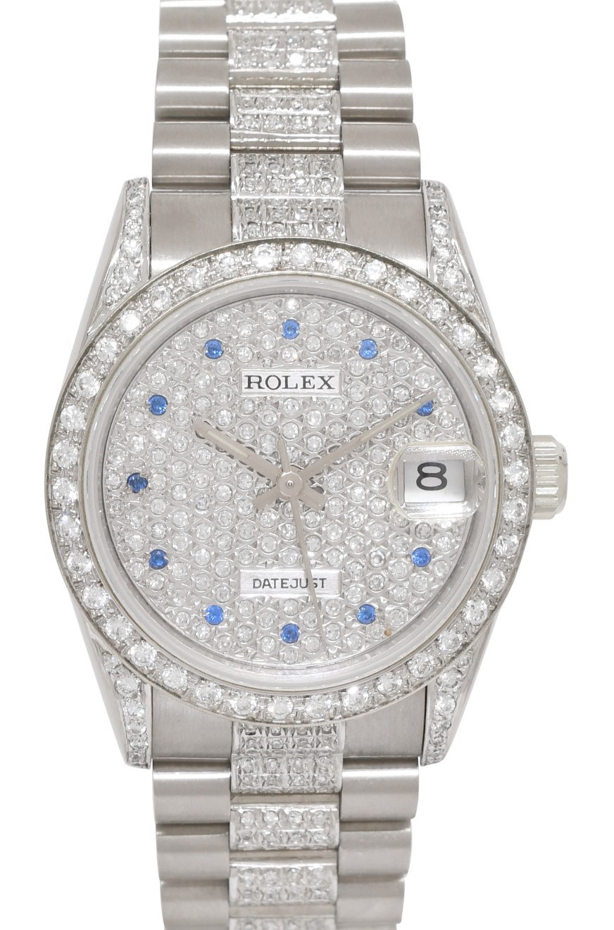 Rolex Datejust President 18k White Gold Pave Diamond & Sapphire 31mm Watch 68279