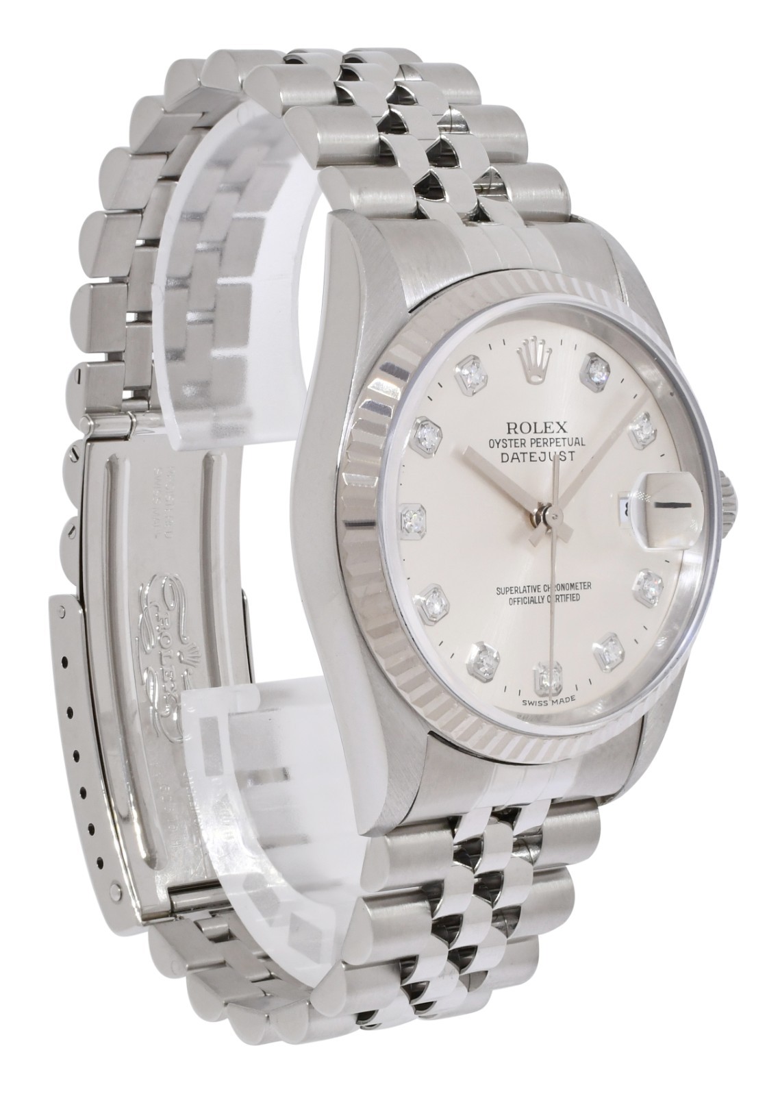 Rolex Datejust Steel & 18k Gold Bezel Silver Diamond Dial 36mm Watch W 16234