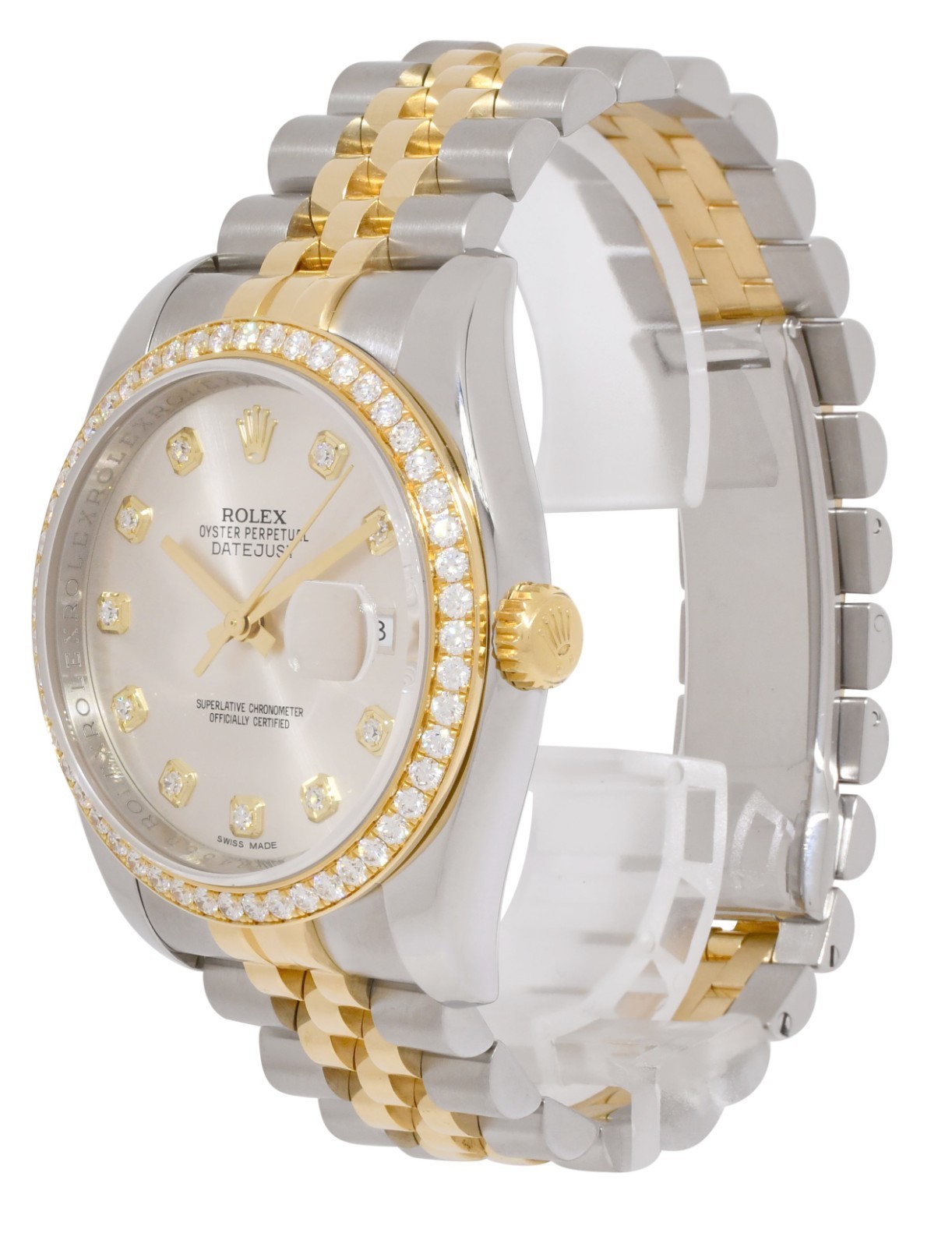 Rolex Datejust 18k Yellow Gold/Steel Silver Diamond Dial/Bezel 36mm Watch 116243 Rolex Datejust 18k Yellow Gold/Steel Silver Diamond Dial/Bezel 36mm Watch 116243