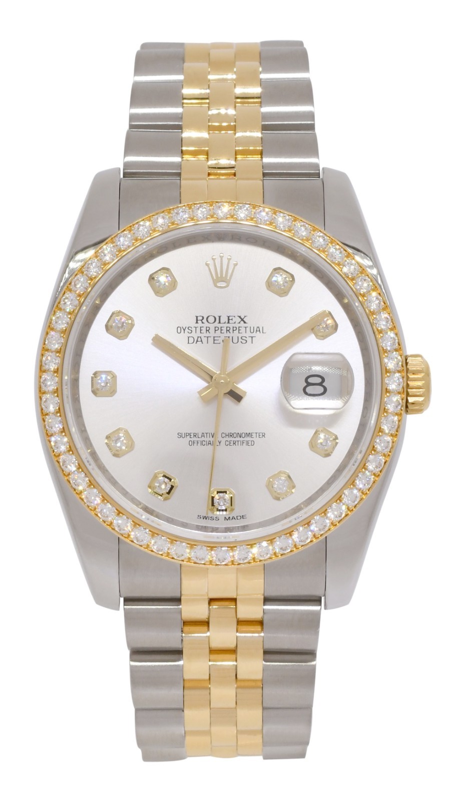 Rolex Datejust 18k Yellow Gold/Steel Silver Diamond Dial/Bezel 36mm Watch 116243 Rolex Datejust 18k Yellow Gold/Steel Silver Diamond Dial/Bezel 36mm Watch 116243
