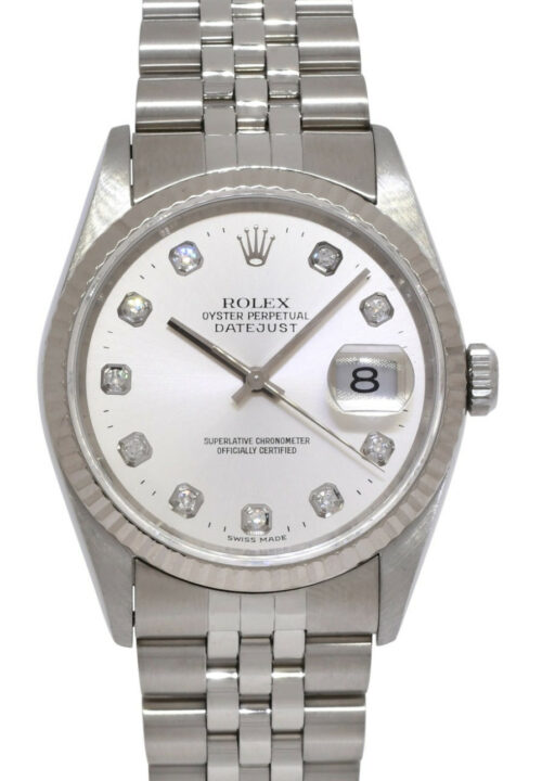 Rolex Datejust Steel & 18k Gold Bezel Silver Diamond Dial 36mm Watch W 16234 Rolex Datejust Steel & 18k Gold Bezel Silver Diamond Dial 36mm Watch W 16234