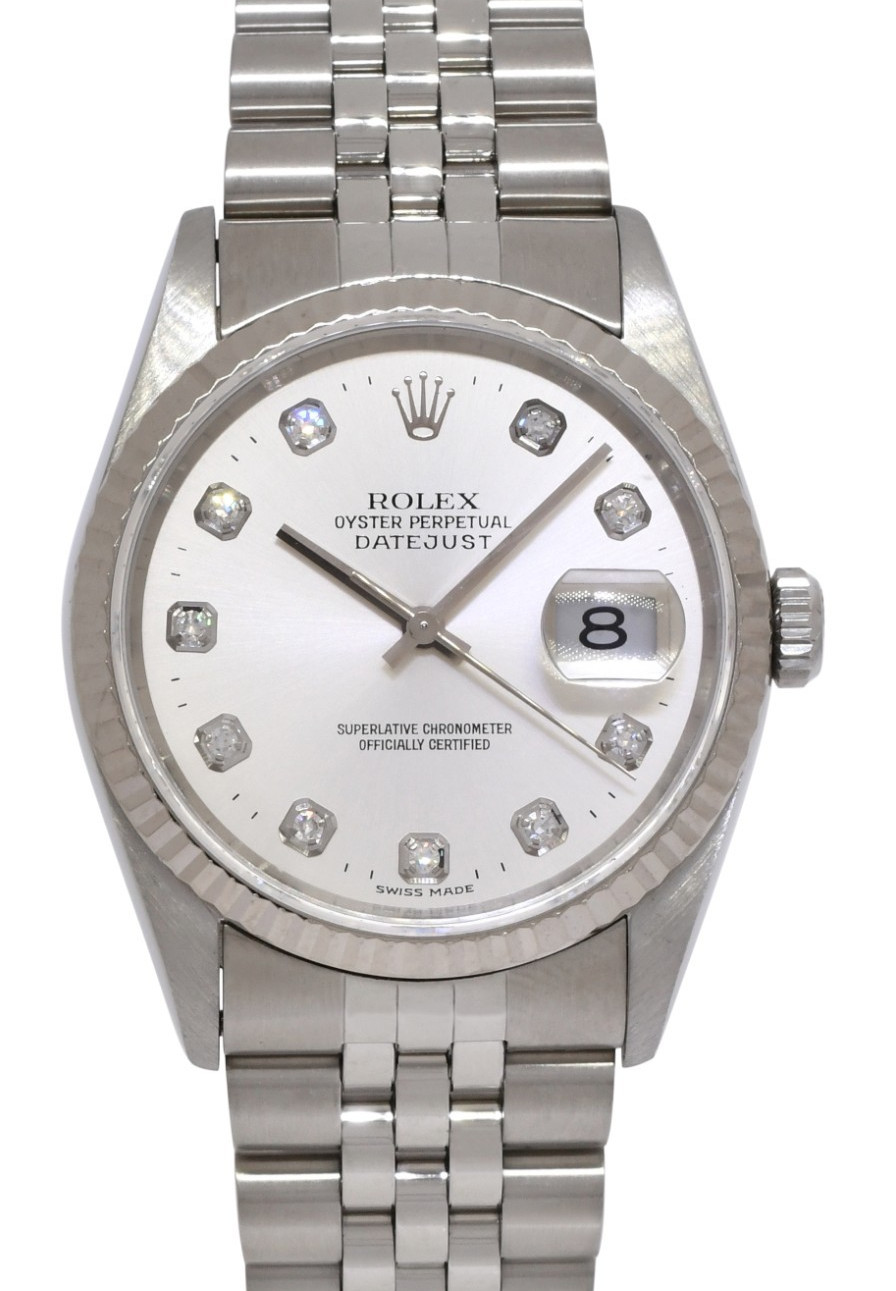 Rolex Datejust Steel & 18k Gold Bezel Silver Diamond Dial 36mm Watch W 16234 Rolex Datejust Steel & 18k Gold Bezel Silver Diamond Dial 36mm Watch W 16234