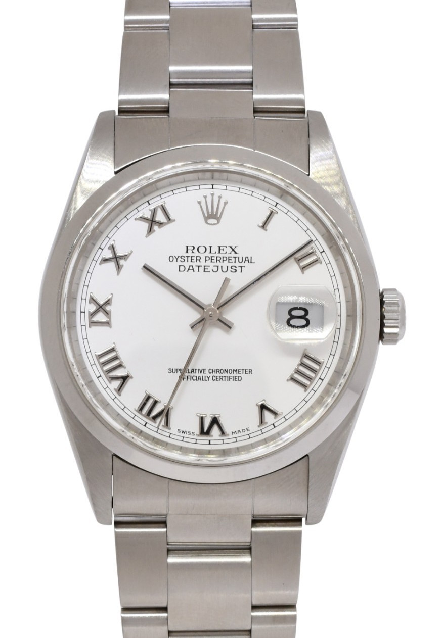 Rolex Datejust Steel White Roman Dial Oyster Bracelet Mens 36mm Watch A 16200