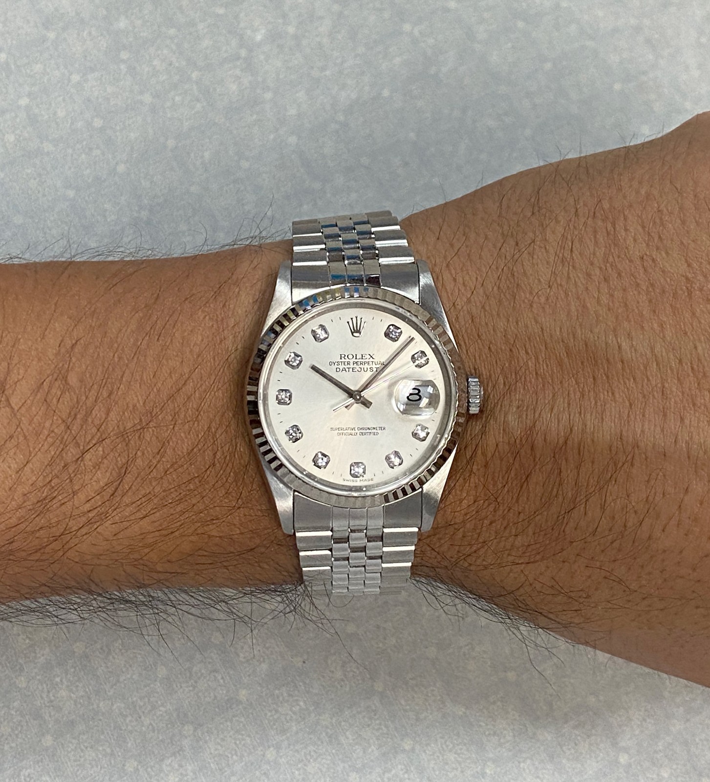 Rolex Datejust Steel & 18k Gold Bezel Silver Diamond Dial 36mm Watch W 16234