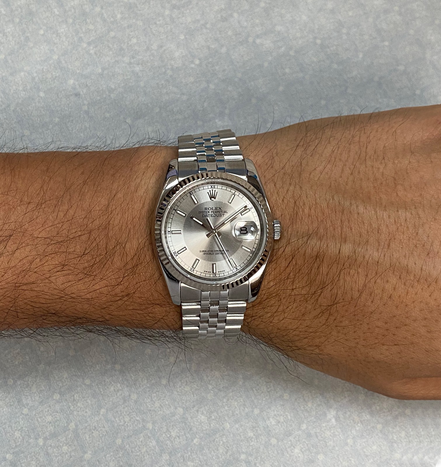 Rolex Datejust Steel & 18k Gold Bezel Silver Bullseye Dial 36mm Watch D 116234