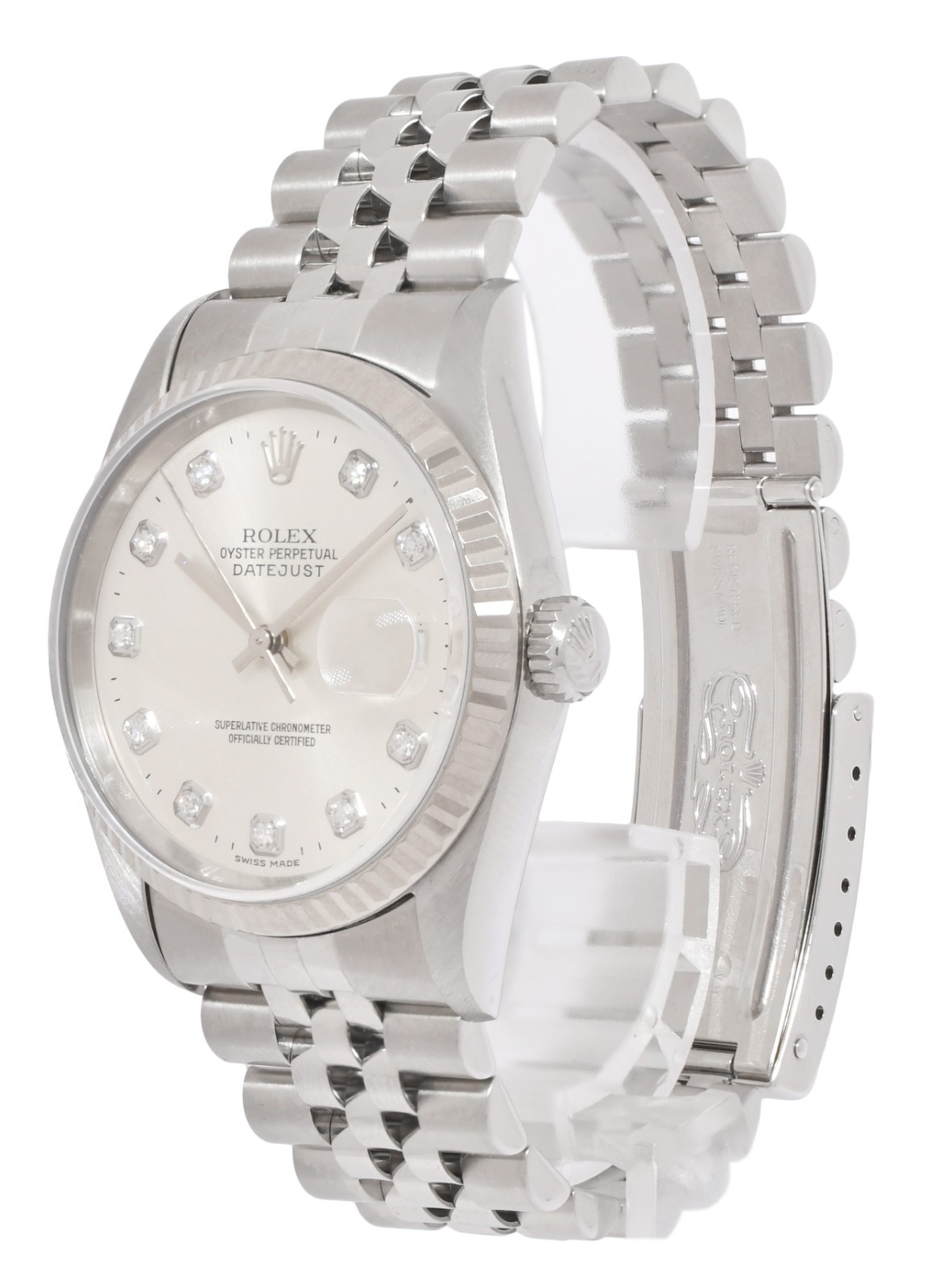 Rolex Datejust Steel & 18k Gold Bezel Silver Diamond Dial 36mm Watch W 16234