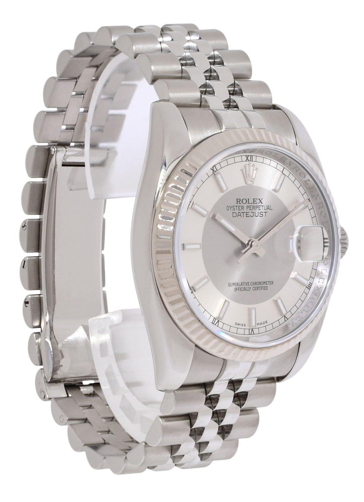 Rolex Datejust Steel & 18k Gold Bezel Silver Bullseye Dial 36mm Watch D 116234