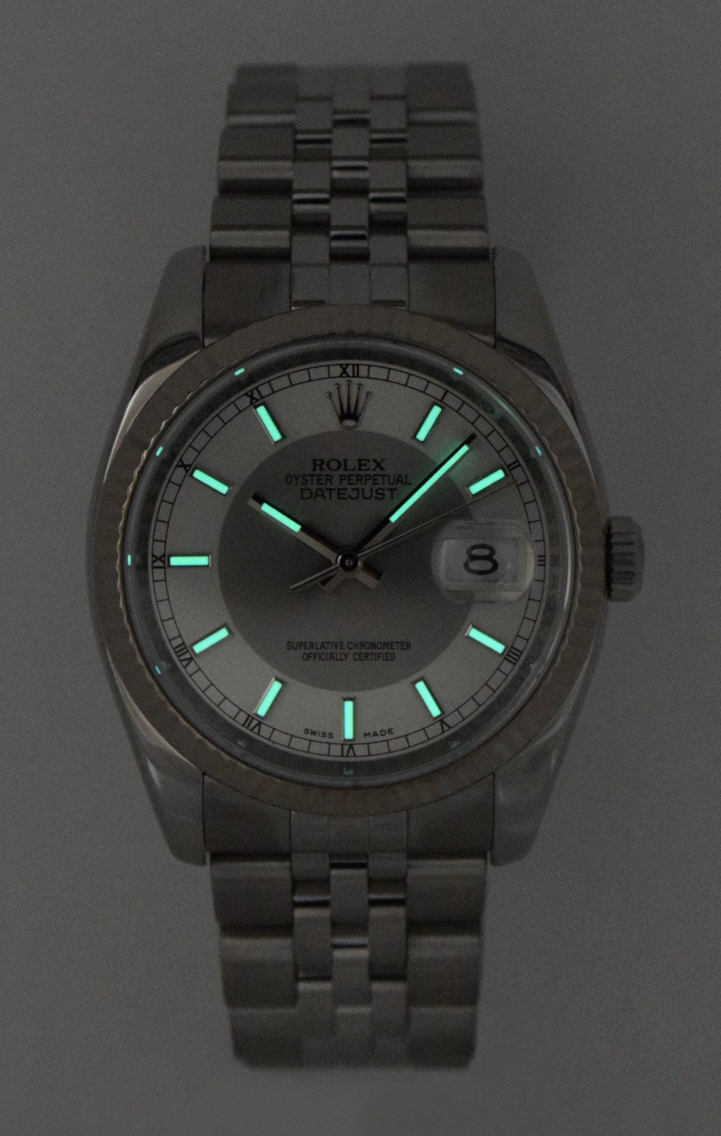 Rolex Datejust Steel & 18k Gold Bezel Silver Bullseye Dial 36mm Watch D 116234