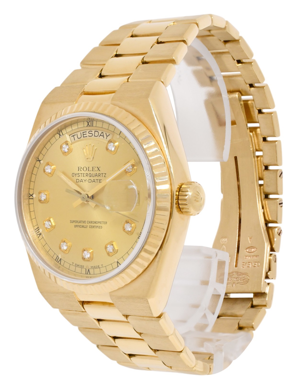 Rolex Day-Date OysterQuartz 18k Yellow Gold Diamond Dial 36mm Watch '79 19018