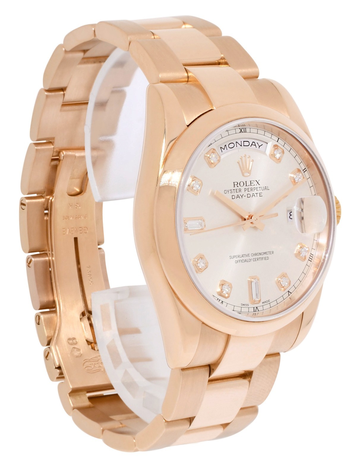 Rolex Day-Date 18k Rose Gold Silver Diamond Dial 36mm Oyster Watch P 118205 Rolex Day-Date 18k Rose Gold Silver Diamond Dial 36mm Oyster Watch P 118205