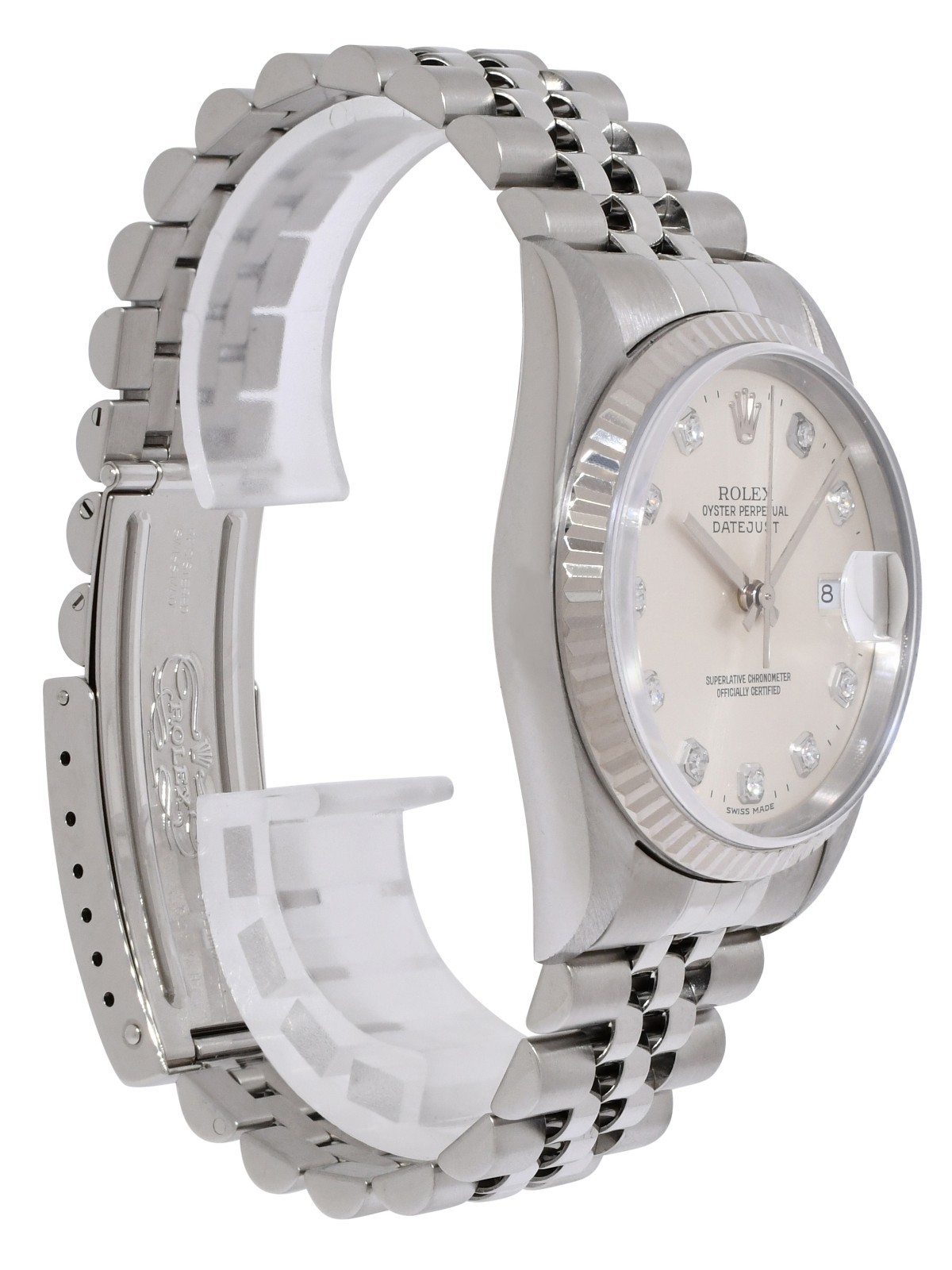 Rolex Datejust Steel & 18k Gold Bezel Silver Diamond Dial 36mm Watch W 16234