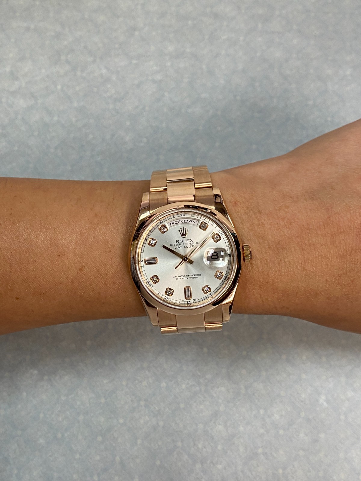 Rolex Day-Date 18k Rose Gold Silver Diamond Dial 36mm Oyster Watch P 118205 Rolex Day-Date 18k Rose Gold Silver Diamond Dial 36mm Oyster Watch P 118205