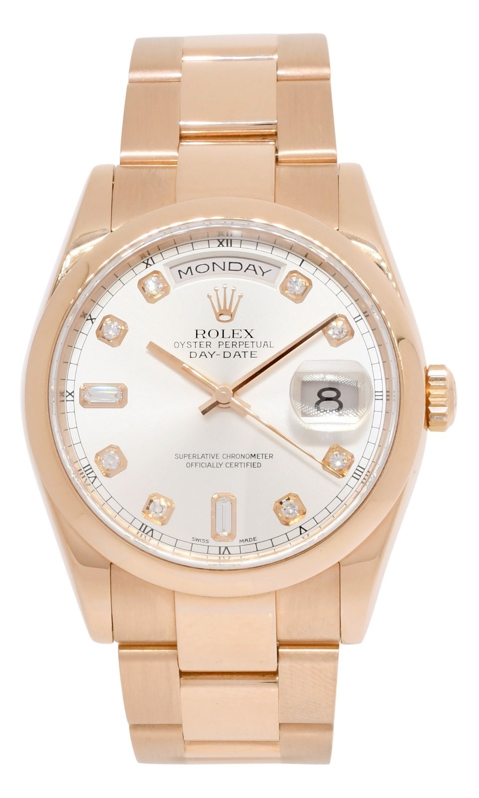 Rolex Day-Date 18k Rose Gold Silver Diamond Dial 36mm Oyster Watch P 118205 Rolex Day-Date 18k Rose Gold Silver Diamond Dial 36mm Oyster Watch P 118205