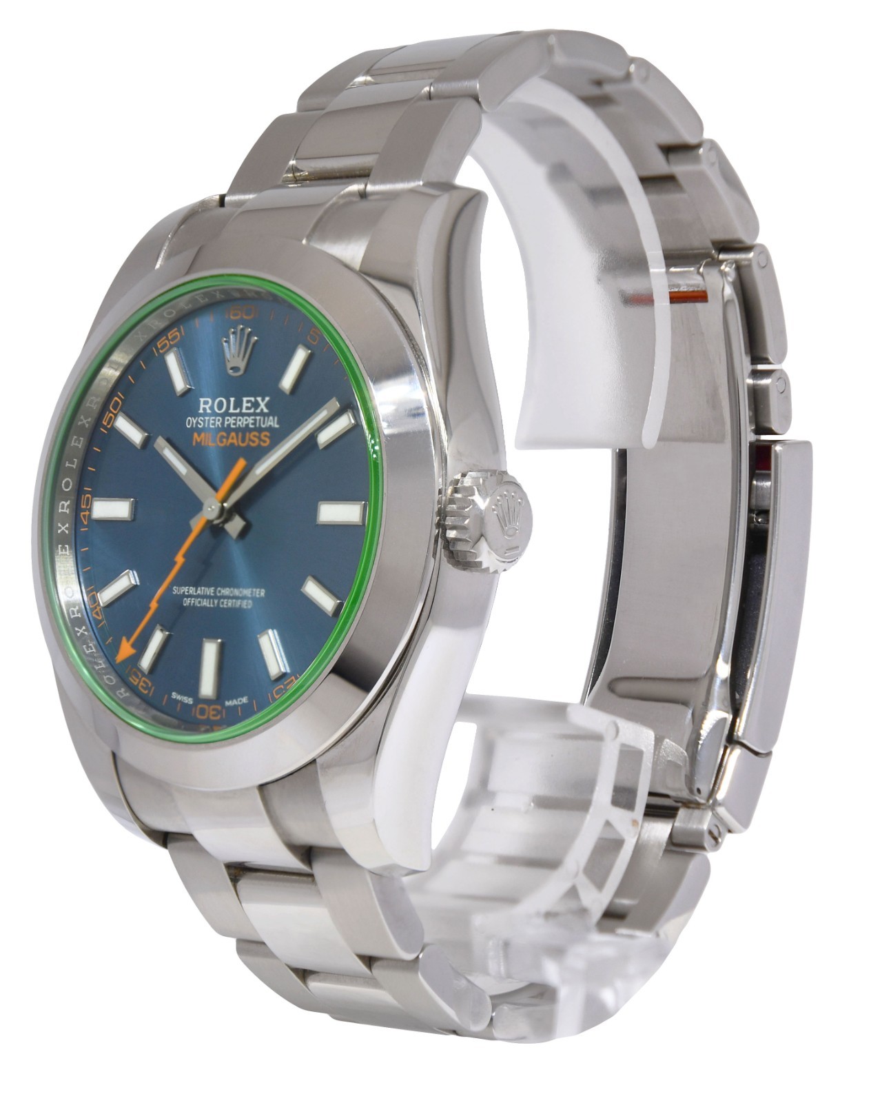 Rolex Milgauss Steel Blue Dial Green Crystal Mens 40mm Watch +12 116400