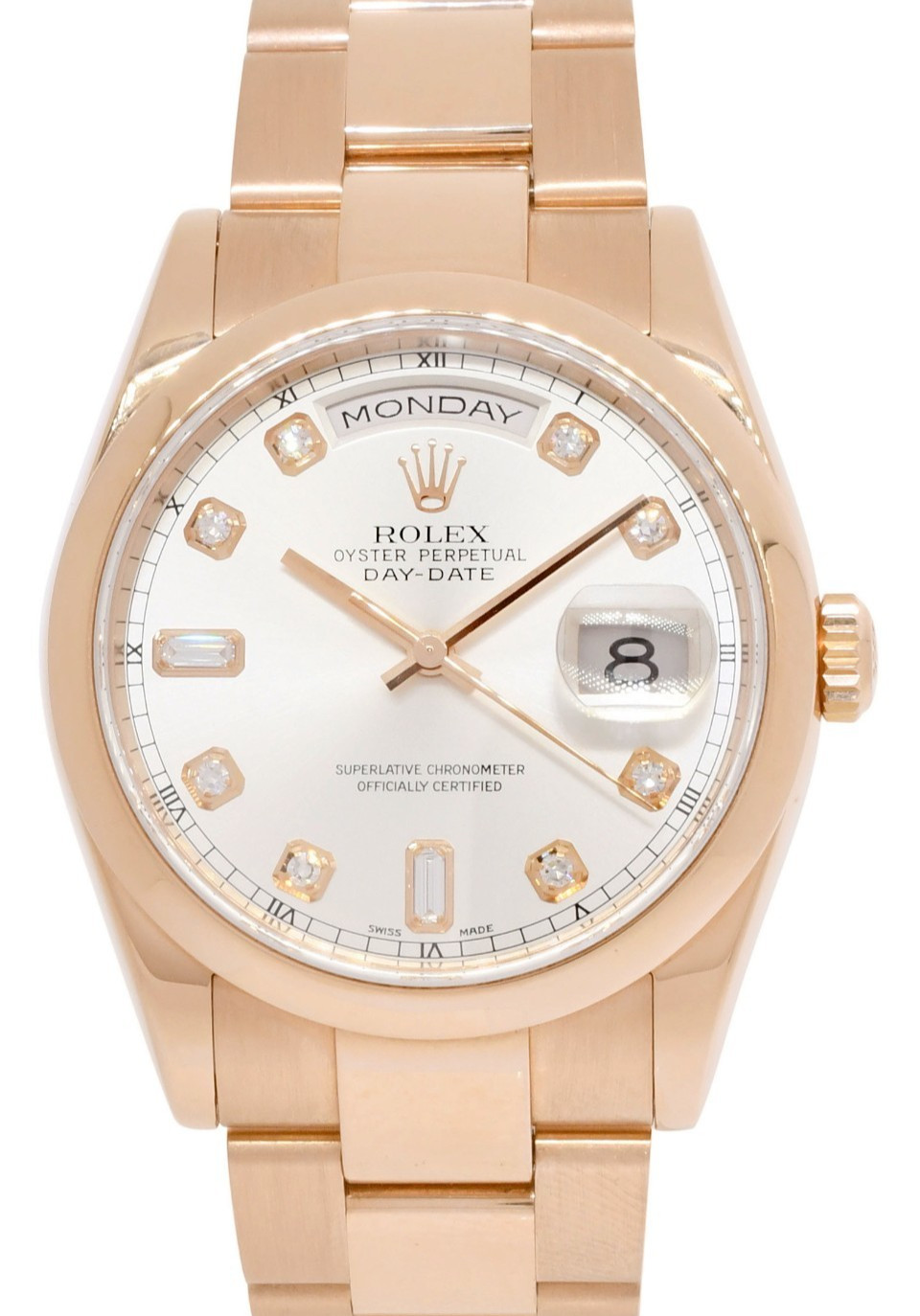 Rolex Day-Date 18k Rose Gold Silver Diamond Dial 36mm Oyster Watch P 118205 Rolex Day-Date 18k Rose Gold Silver Diamond Dial 36mm Oyster Watch P 118205