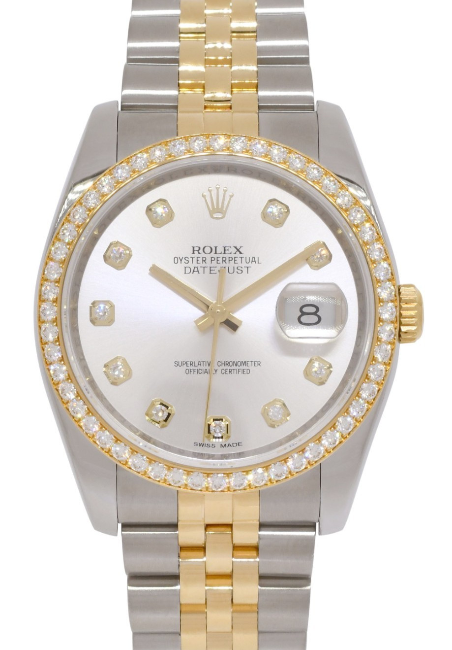 Rolex Datejust 18k Yellow Gold/Steel Silver Diamond Dial/Bezel 36mm Watch 116243 Rolex Datejust 18k Yellow Gold/Steel Silver Diamond Dial/Bezel 36mm Watch 116243
