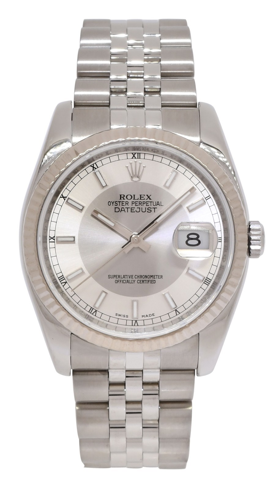 Rolex Datejust Steel & 18k Gold Bezel Silver Bullseye Dial 36mm Watch D 116234