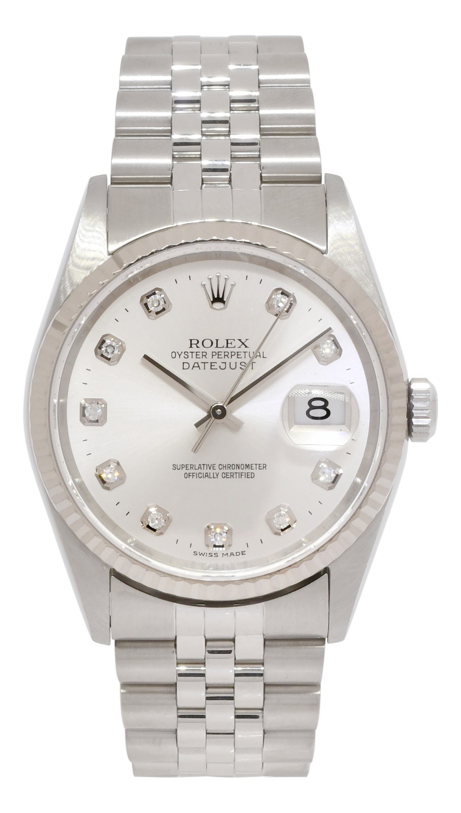 Rolex Datejust Steel & 18k Gold Bezel Silver Diamond Dial 36mm Watch F 16234 Rolex Datejust Steel & 18k Gold Bezel Silver Diamond Dial 36mm Watch F 16234