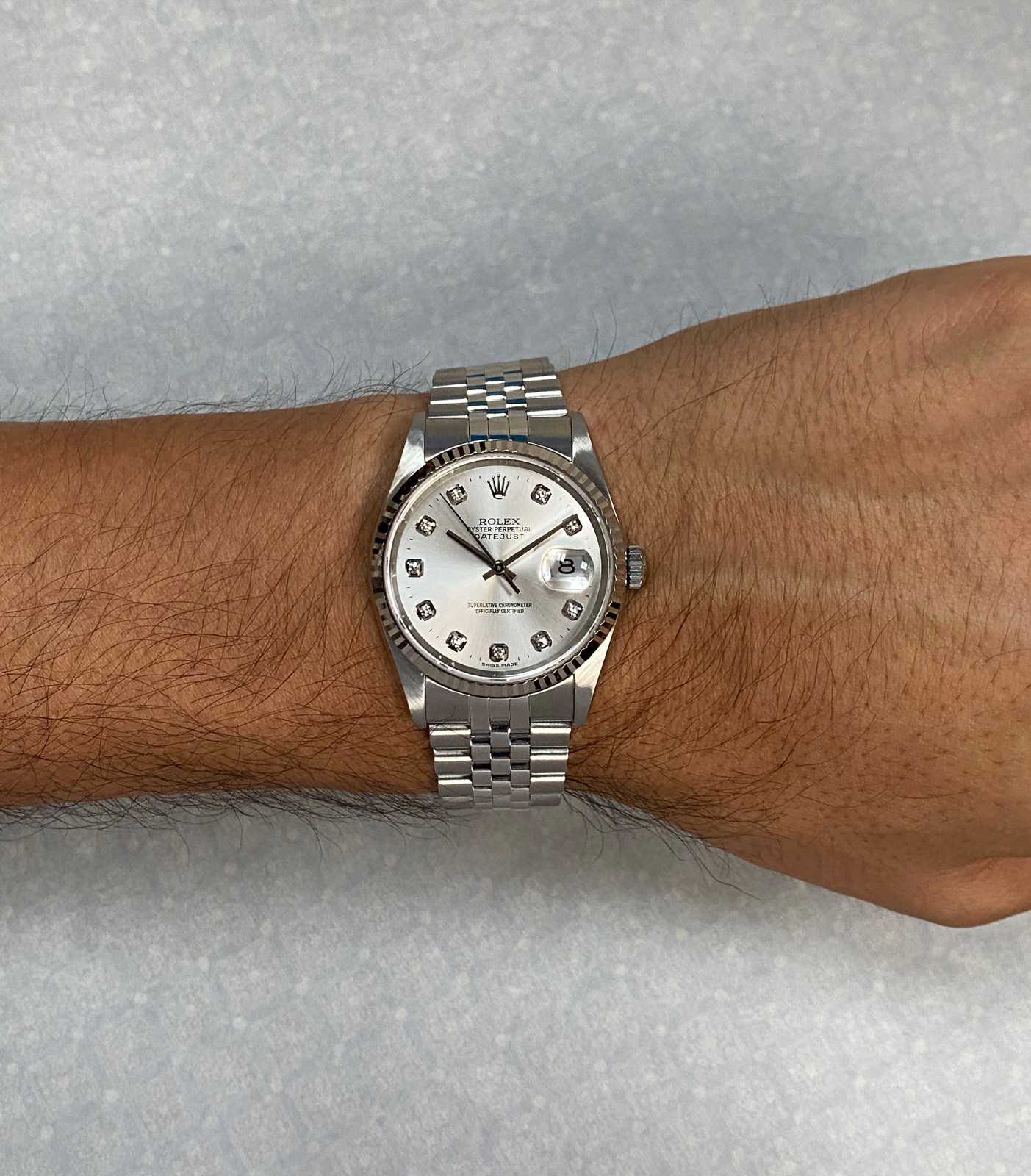 Rolex Datejust Steel & 18k Gold Bezel Silver Diamond Dial 36mm Watch F 16234 Rolex Datejust Steel & 18k Gold Bezel Silver Diamond Dial 36mm Watch F 16234