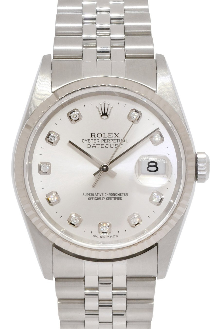 Rolex Datejust Steel & 18k Gold Bezel Silver Diamond Dial 36mm Watch F 16234