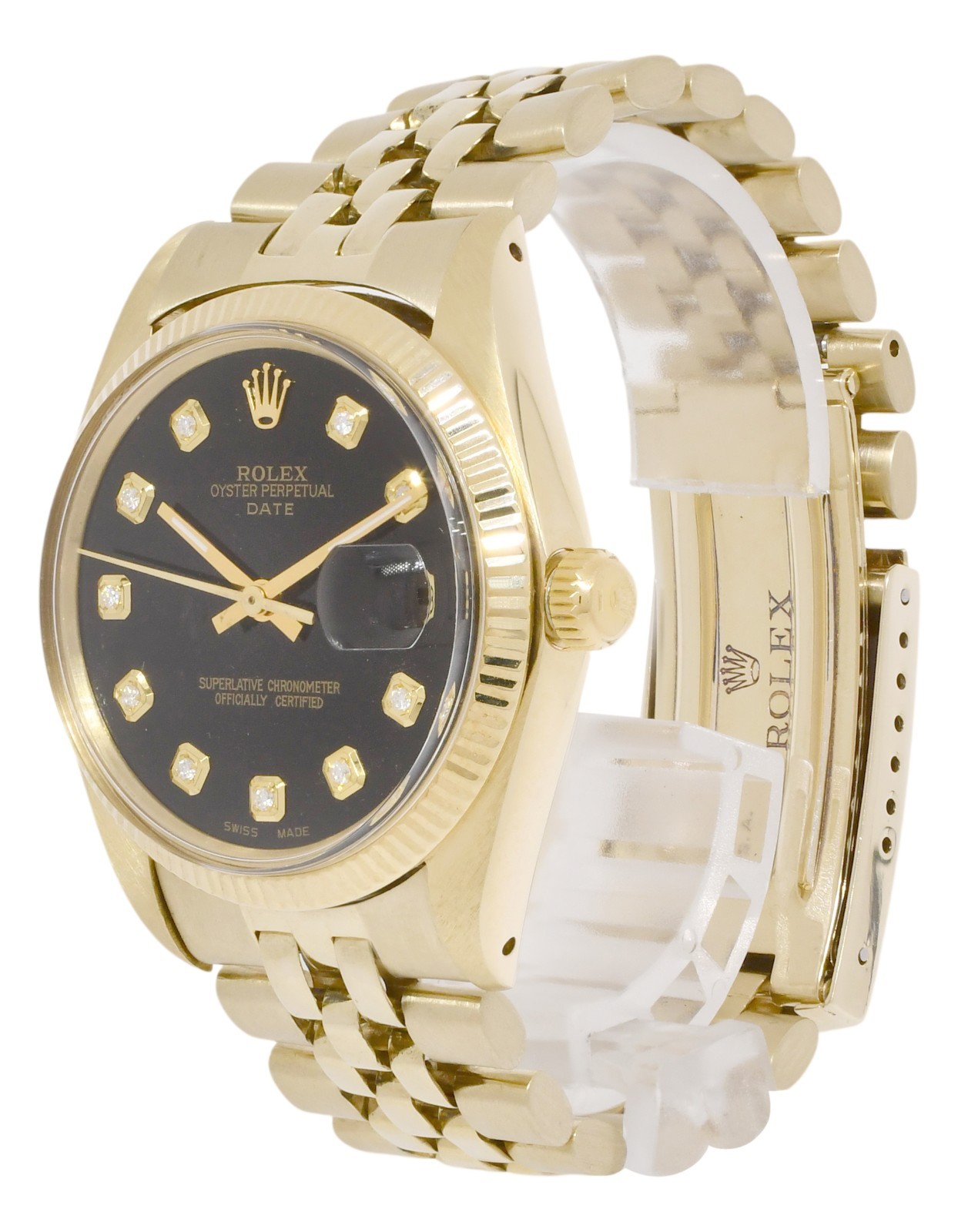 Rolex Date 14k Yellow Gold Black Diamond Dial USA Bracelet 34mm Watch '80 1503 Rolex Date 14k Yellow Gold Black Diamond Dial USA Bracelet 34mm Watch '80 1503