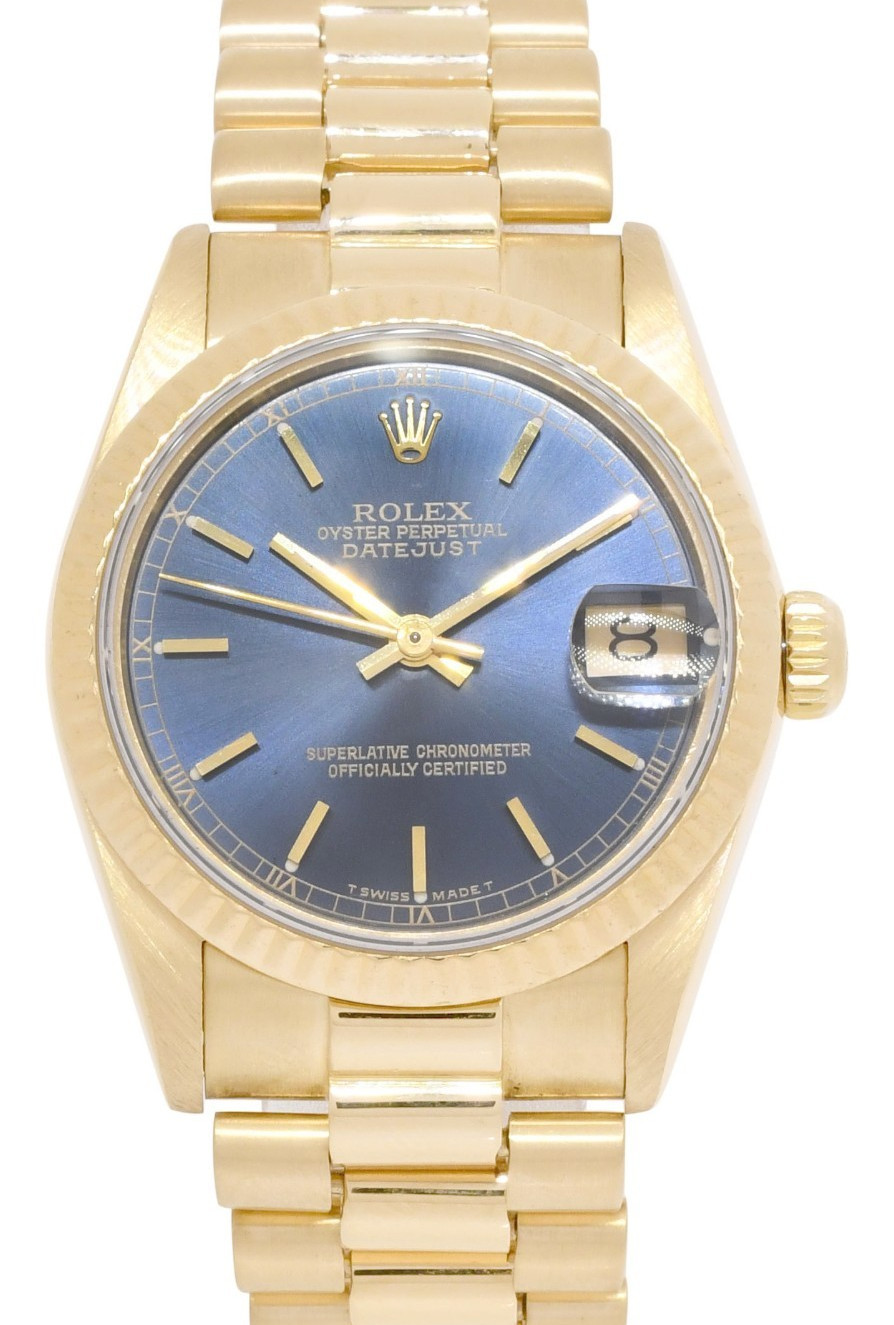 Rolex Datejust President 18k Yellow Gold Blue Dial 31mm Watch '86 68278