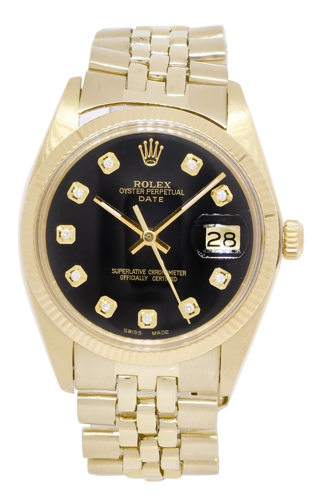 Rolex Date 14k Yellow Gold Black Diamond Dial USA Bracelet 34mm Watch '80 1503 Rolex Date 14k Yellow Gold Black Diamond Dial USA Bracelet 34mm Watch '80 1503