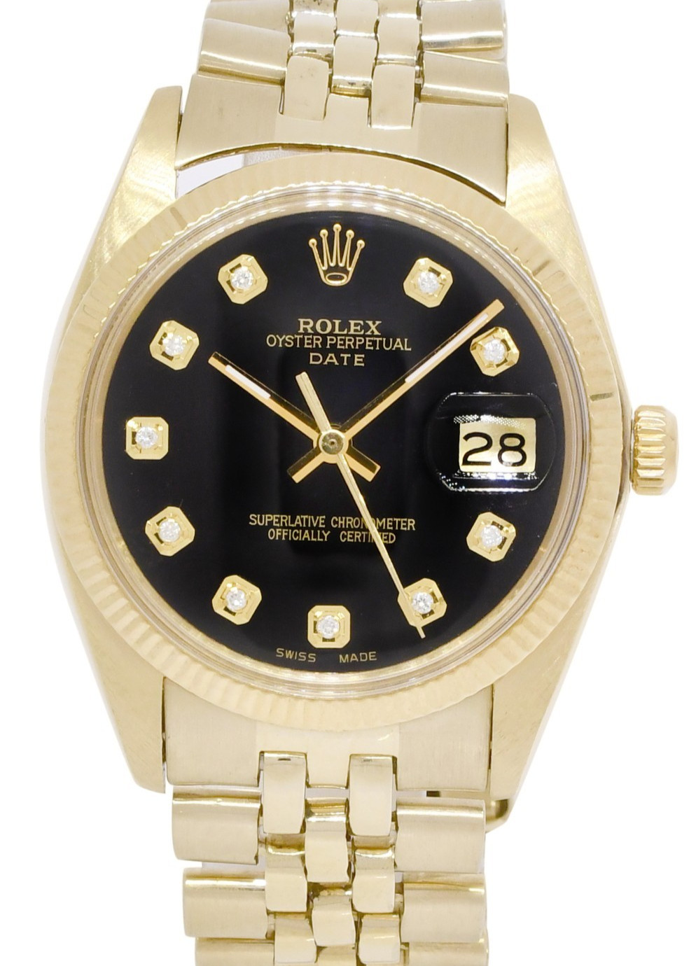 Rolex Date 14k Yellow Gold Black Diamond Dial USA Bracelet 34mm Watch '80 1503 Rolex Date 14k Yellow Gold Black Diamond Dial USA Bracelet 34mm Watch '80 1503